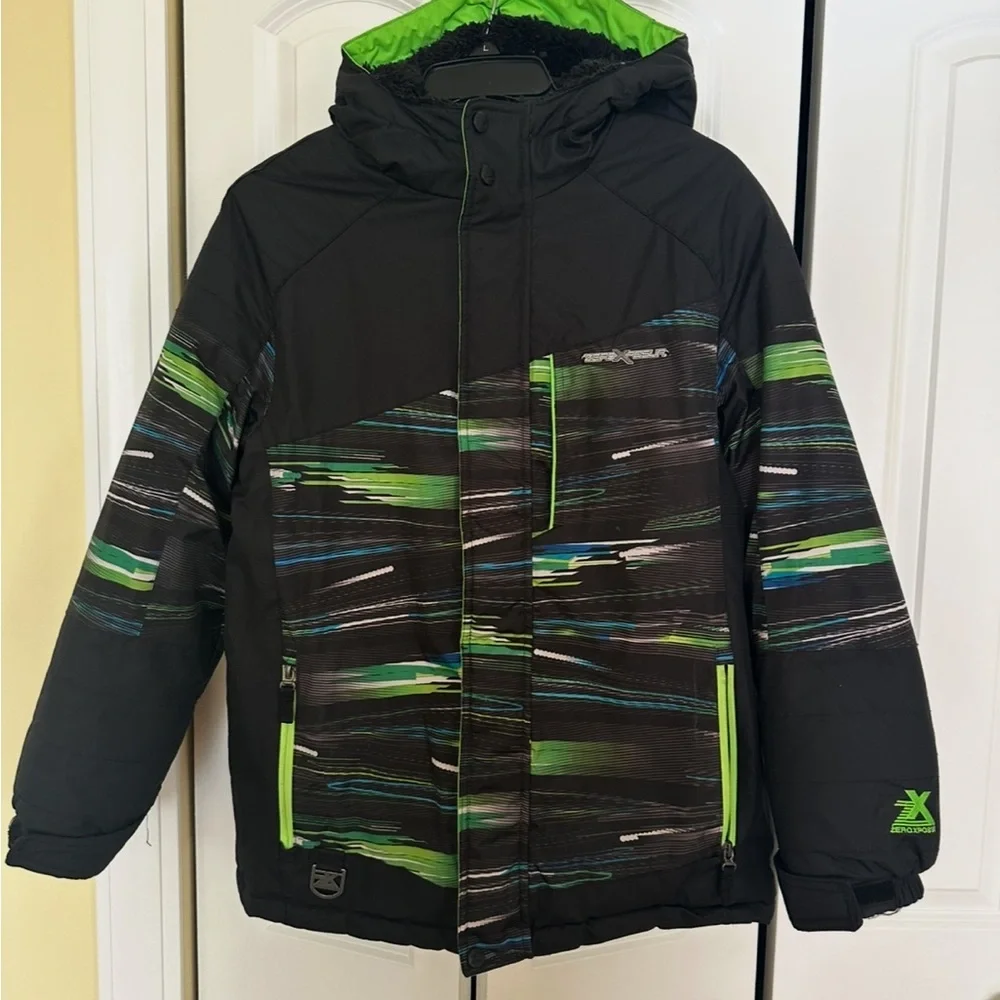 Youth ZeroXposur Winter Jacket Black Green Large 14/16 Zip Up Hood Pockets Lined